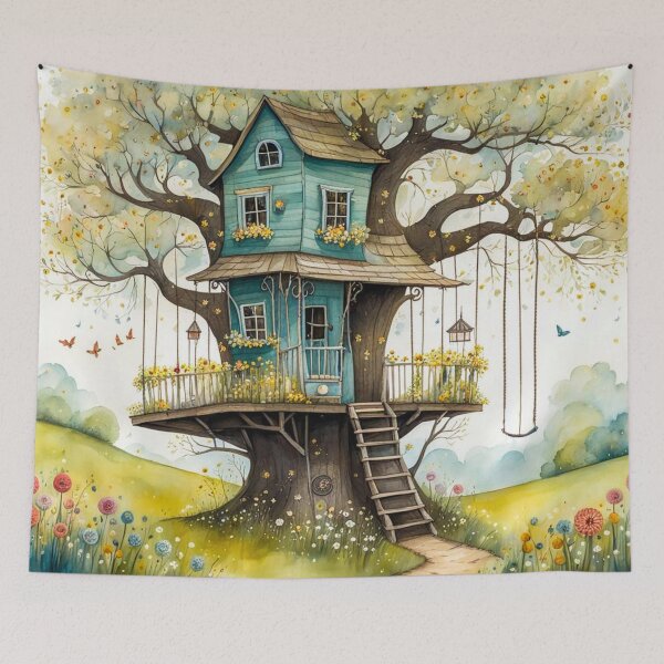 Item preview, The Hideout Cute Fantasy Wooden Tree House in the Meadow With Spring Flowers and Dandelions Garden - Whimsical Illustration designed and sold by MyArt23.