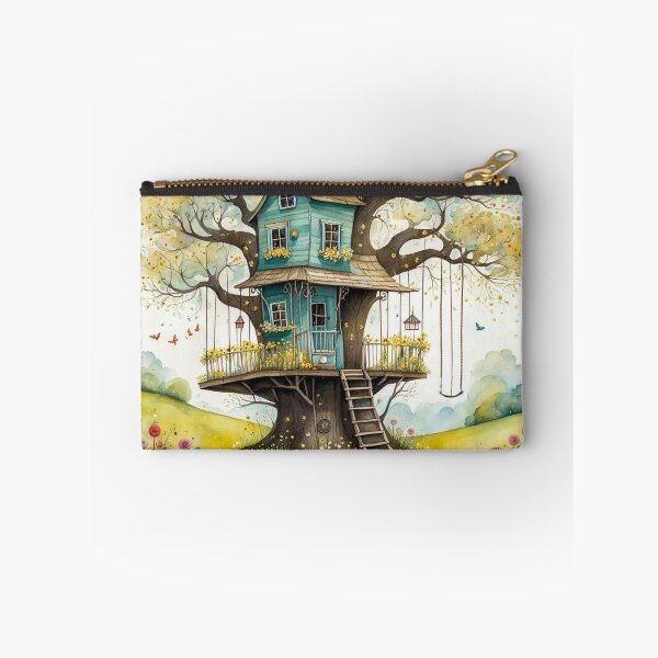 Item preview, The Hideout Cute Fantasy Wooden Tree House in the Meadow With Spring Flowers and Dandelions Garden - Whimsical Illustration designed and sold by MyArt23.
