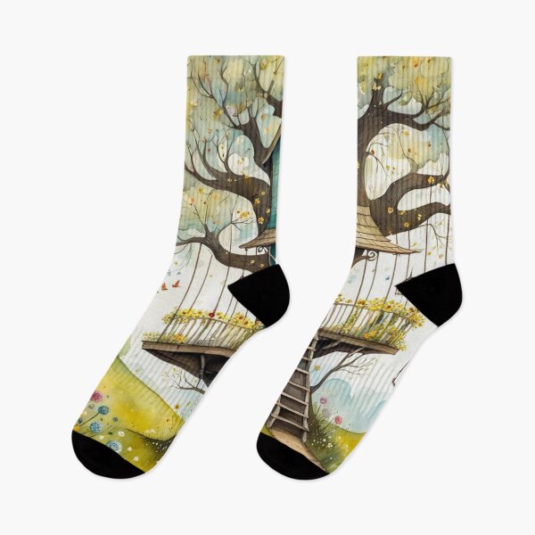 Item preview, The Hideout Cute Fantasy Wooden Tree House in the Meadow With Spring Flowers and Dandelions Garden - Whimsical Illustration designed and sold by MyArt23.