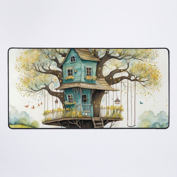Item preview, The Hideout Cute Fantasy Wooden Tree House in the Meadow With Spring Flowers and Dandelions Garden - Whimsical Illustration designed and sold by MyArt23.