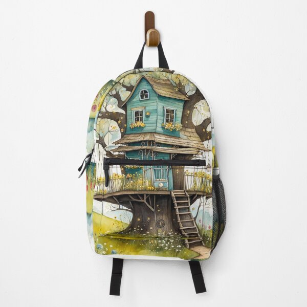 Item preview, The Hideout Cute Fantasy Wooden Tree House in the Meadow With Spring Flowers and Dandelions Garden - Whimsical Illustration designed and sold by MyArt23.