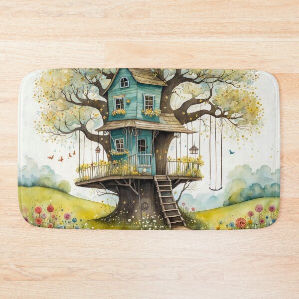 Item preview, The Hideout Cute Fantasy Wooden Tree House in the Meadow With Spring Flowers and Dandelions Garden - Whimsical Illustration designed and sold by MyArt23.