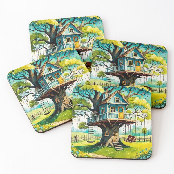 Item preview, The Hideout Cute Fantasy Wooden Tree House in the Meadow With Spring Flowers and Dandelions Garden - Whimsical Illustration designed and sold by MyArt23.