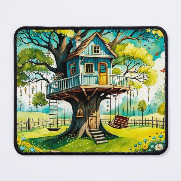Item preview, The Hideout Cute Fantasy Wooden Tree House in the Meadow With Spring Flowers and Dandelions Garden - Whimsical Illustration designed and sold by MyArt23.