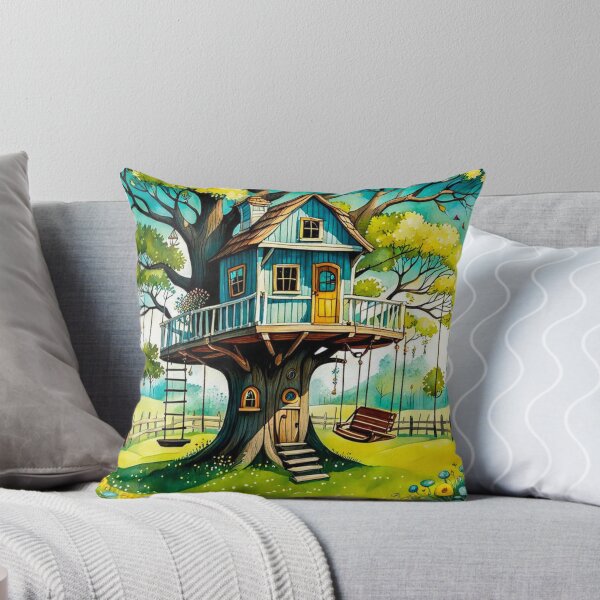 Item preview, The Hideout Cute Fantasy Wooden Tree House in the Meadow With Spring Flowers and Dandelions Garden - Whimsical Illustration designed and sold by MyArt23.