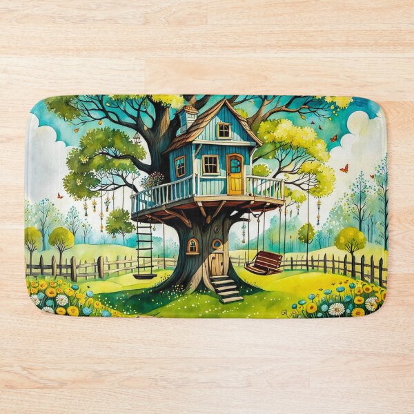 Item preview, The Hideout Cute Fantasy Wooden Tree House in the Meadow With Spring Flowers and Dandelions Garden - Whimsical Illustration designed and sold by MyArt23.