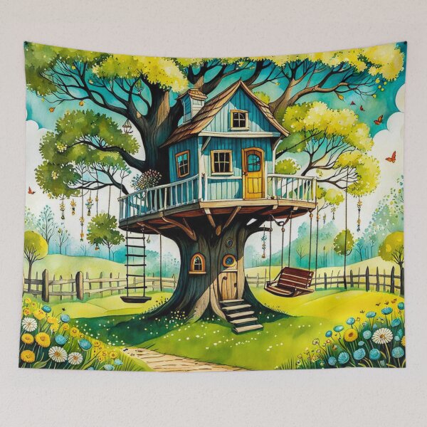 Item preview, The Hideout Cute Fantasy Wooden Tree House in the Meadow With Spring Flowers and Dandelions Garden - Whimsical Illustration designed and sold by MyArt23.