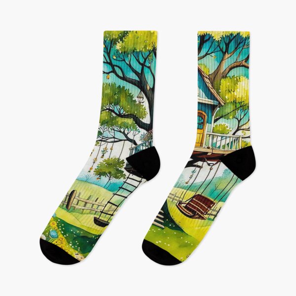 Item preview, The Hideout Cute Fantasy Wooden Tree House in the Meadow With Spring Flowers and Dandelions Garden - Whimsical Illustration designed and sold by MyArt23.