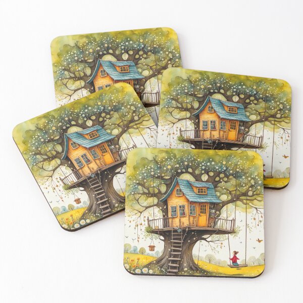 Item preview, The Hideout Cute Fantasy Wooden Tree House in the Meadow With Spring Flowers and Dandelions Garden - Whimsical Illustration designed and sold by MyArt23.