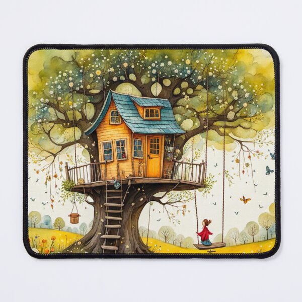 Item preview, The Hideout Cute Fantasy Wooden Tree House in the Meadow With Spring Flowers and Dandelions Garden - Whimsical Illustration designed and sold by MyArt23.