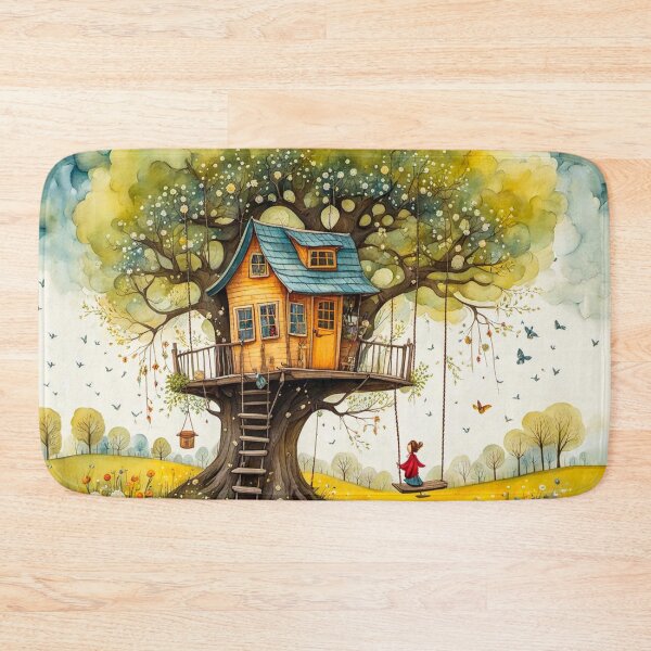 Item preview, The Hideout Cute Fantasy Wooden Tree House in the Meadow With Spring Flowers and Dandelions Garden - Whimsical Illustration designed and sold by MyArt23.