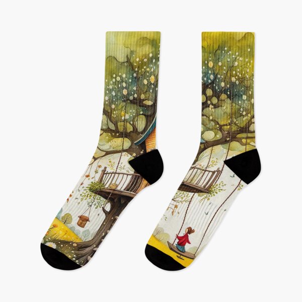 Item preview, The Hideout Cute Fantasy Wooden Tree House in the Meadow With Spring Flowers and Dandelions Garden - Whimsical Illustration designed and sold by MyArt23.