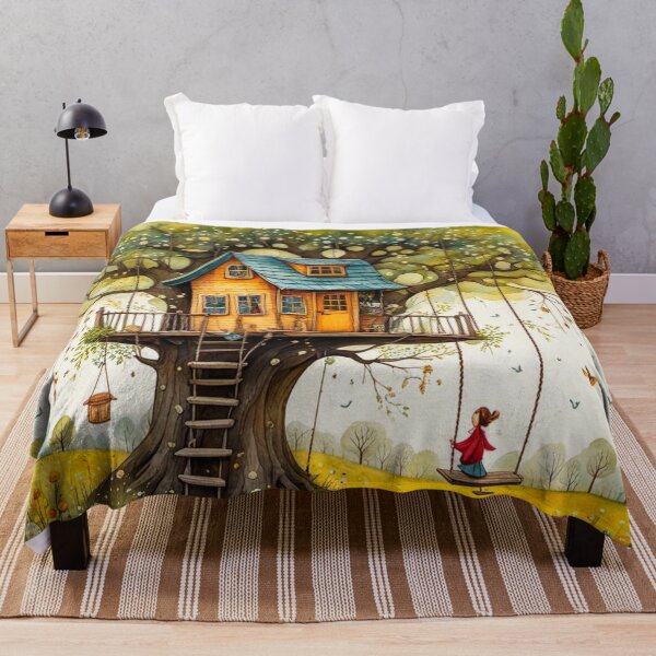 Item preview, The Hideout Cute Fantasy Wooden Tree House in the Meadow With Spring Flowers and Dandelions Garden - Whimsical Illustration designed and sold by MyArt23.