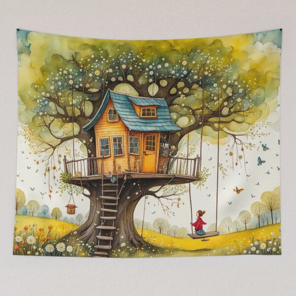 Item preview, The Hideout Cute Fantasy Wooden Tree House in the Meadow With Spring Flowers and Dandelions Garden - Whimsical Illustration designed and sold by MyArt23.