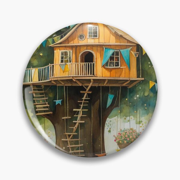 Item preview, The Hideout Cute Fantasy Wooden Tree House in the Meadow With Spring Flowers and Dandelions Garden - Whimsical Illustration designed and sold by MyArt23.