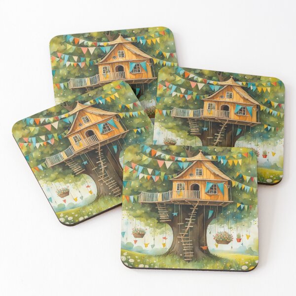 Item preview, The Hideout Cute Fantasy Wooden Tree House in the Meadow With Spring Flowers and Dandelions Garden - Whimsical Illustration designed and sold by MyArt23.