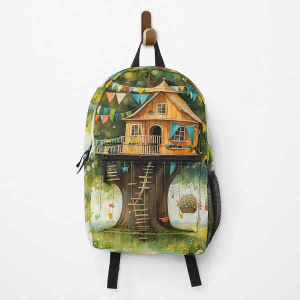 Item preview, The Hideout Cute Fantasy Wooden Tree House in the Meadow With Spring Flowers and Dandelions Garden - Whimsical Illustration designed and sold by MyArt23.