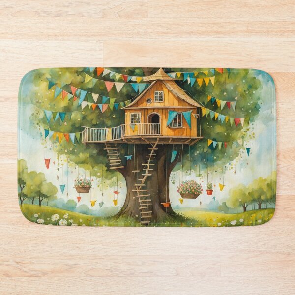 Item preview, The Hideout Cute Fantasy Wooden Tree House in the Meadow With Spring Flowers and Dandelions Garden - Whimsical Illustration designed and sold by MyArt23.