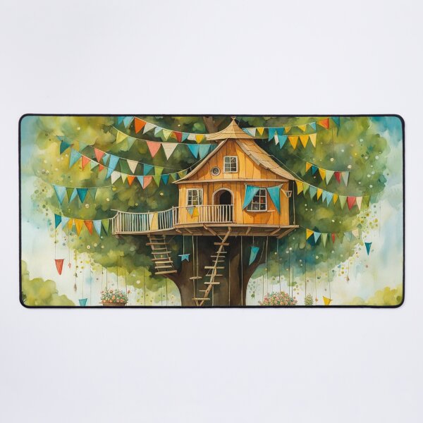 Item preview, The Hideout Cute Fantasy Wooden Tree House in the Meadow With Spring Flowers and Dandelions Garden - Whimsical Illustration designed and sold by MyArt23.