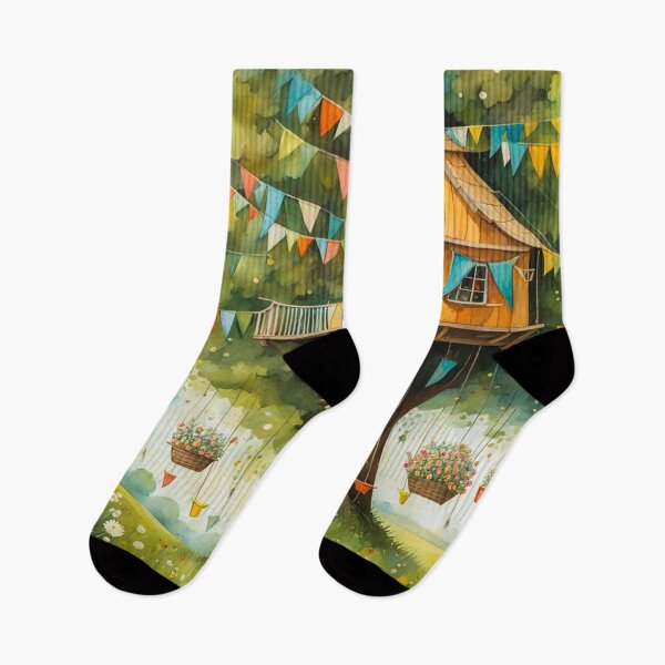Item preview, The Hideout Cute Fantasy Wooden Tree House in the Meadow With Spring Flowers and Dandelions Garden - Whimsical Illustration designed and sold by MyArt23.