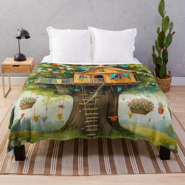Item preview, The Hideout Cute Fantasy Wooden Tree House in the Meadow With Spring Flowers and Dandelions Garden - Whimsical Illustration designed and sold by MyArt23.