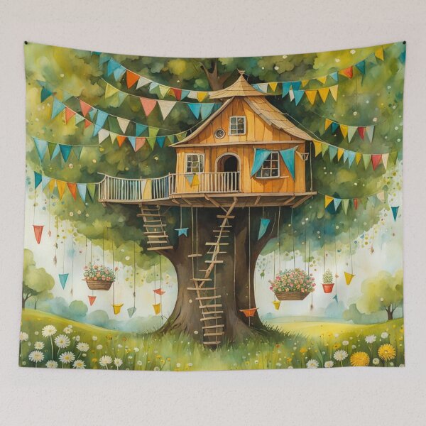 Item preview, The Hideout Cute Fantasy Wooden Tree House in the Meadow With Spring Flowers and Dandelions Garden - Whimsical Illustration designed and sold by MyArt23.