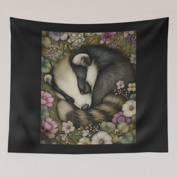 Item preview, Botanical Sleeping Raccoon woodland, Cottage-core Floral Throw Blanket 15 designed and sold by LLdreams.
