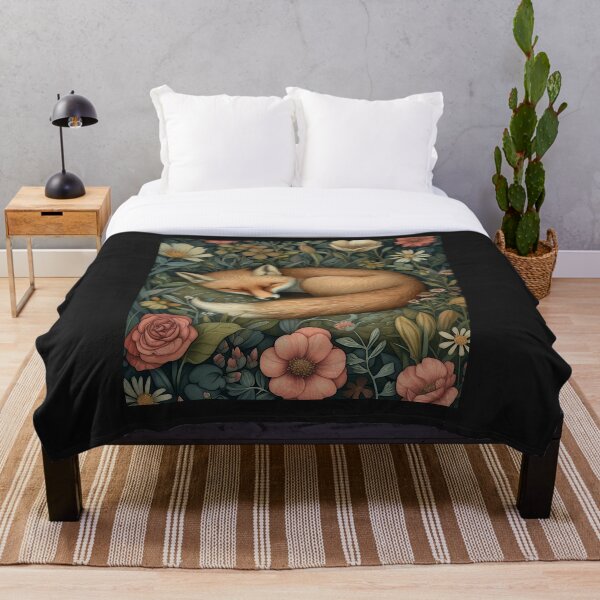 Item preview,  Botanical Sleeping Fox woodland, Cottage-core Floral Throw Blanket  designed and sold by LLdreams.