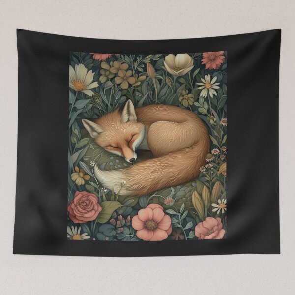 Item preview,  Botanical Sleeping Fox woodland, Cottage-core Floral Throw Blanket  designed and sold by LLdreams.
