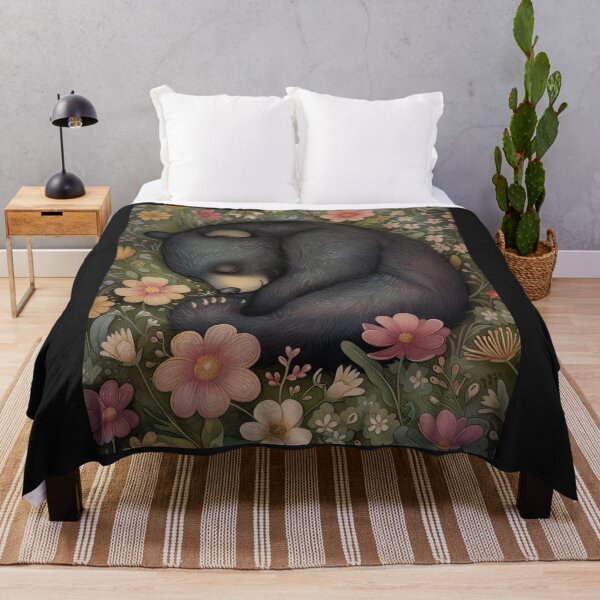 Item preview, Botanical Sleeping Bear woodland, Cottage-core Floral Throw Blanket  designed and sold by LLdreams.