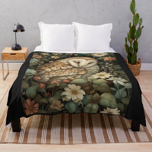 Item preview, Botanical Sleeping Owl woodland, Cottage-core Floral Throw Blanket designed and sold by LLdreams.