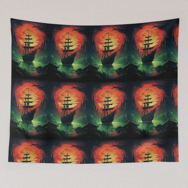 Item preview, Haunted Ghost Ship (Big Red Sun on Green Seas) designed and sold by ZGigerBarker.