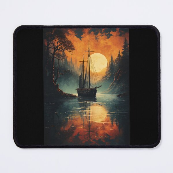 Item preview, Ghost Ship At Dusk (Big Red Sun on Blue Lake) designed and sold by ZGigerBarker.