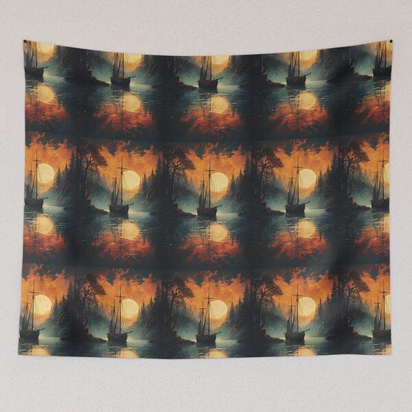 Item preview, Ghost Ship At Dusk (Big Red Sun on Blue Lake) designed and sold by ZGigerBarker.