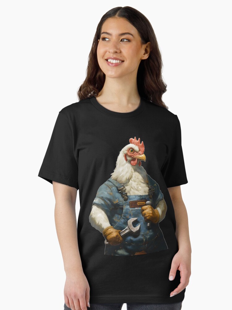 Chicken mechanic in blue overalls III