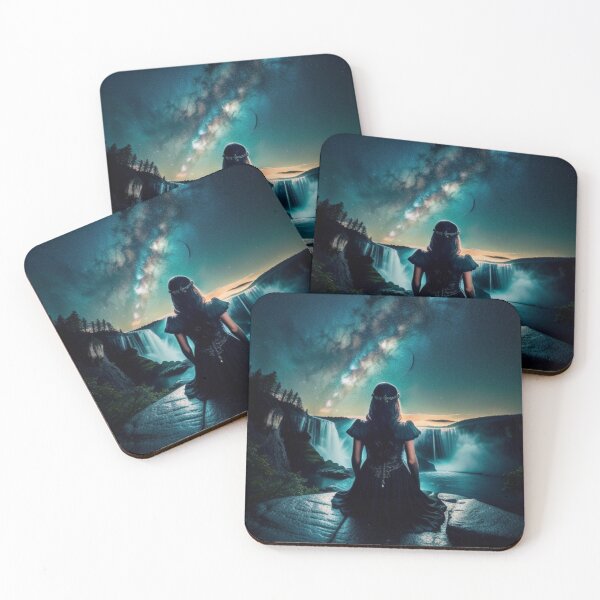 Item preview, Raven Haired Woman Gazing Cascading Waterfalls Under Milky Way designed and sold by EnchantedVista.