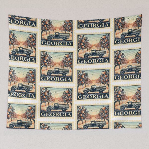 Item preview, Georgia Peach Orchard with Pickup Truck Vintage Stamp designed and sold by Automotive Art by Greg.