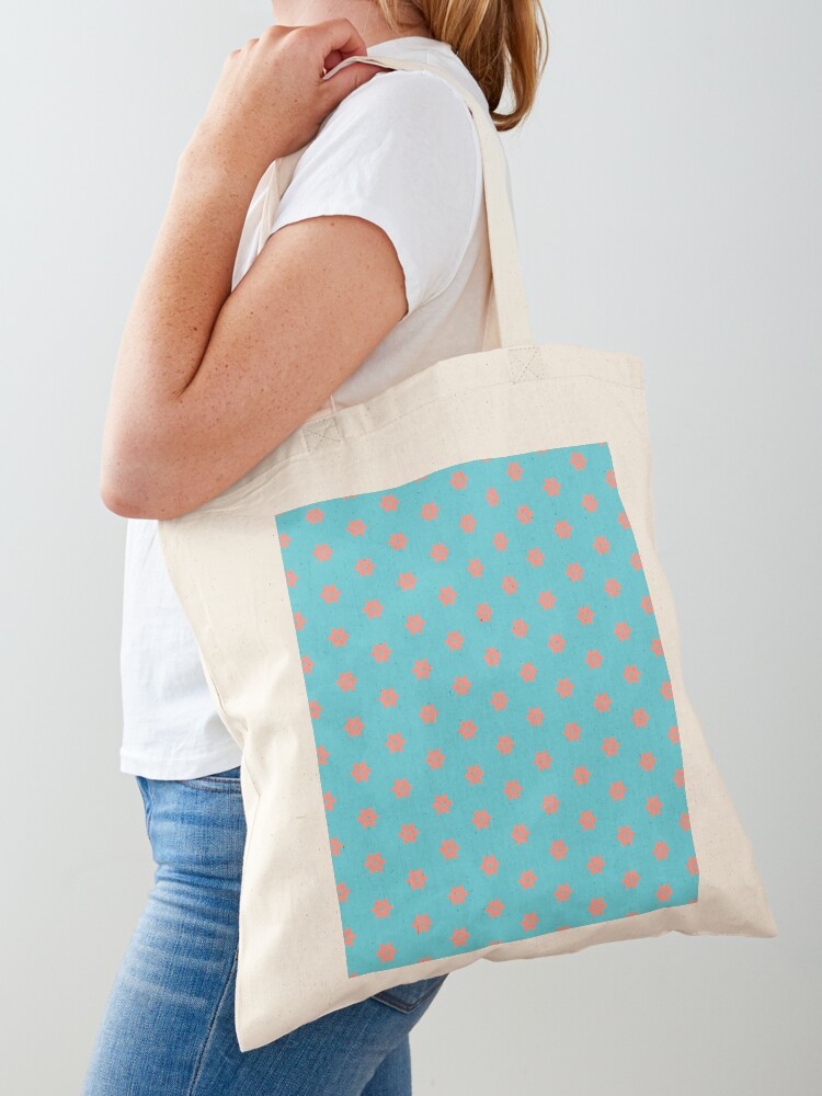 Tote Bag, Geometric Sunset on Sea Soft Coral Flowers on Bright Turquoise designed and sold by Triplicate Limited
