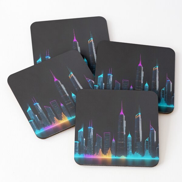 Item preview, City with skyscrapers made of neon lines, soundwave on black background designed and sold by ShaViArt.