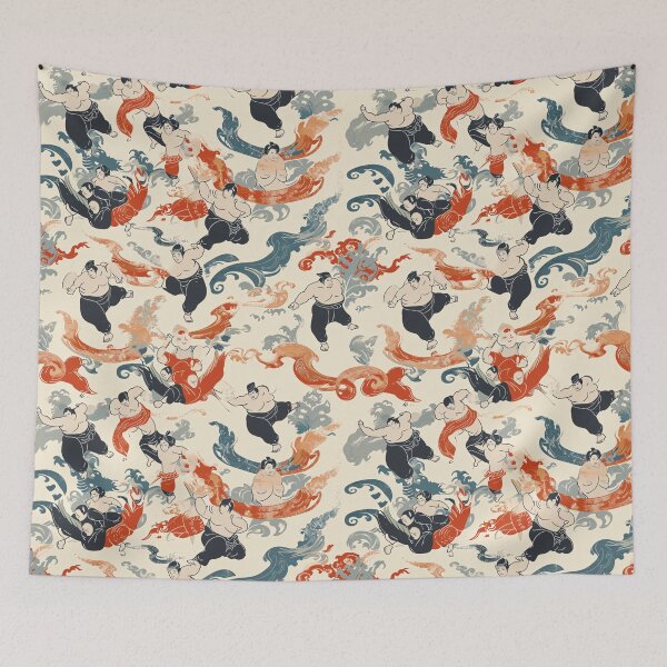 Item preview, Shin Hanga Japanese Sumo Wrestlers Textile Art Pattern designed and sold by amortka.