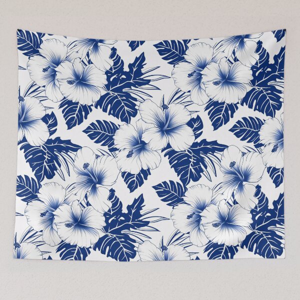 Item preview, Blue & White Hawaiian Floral Print on White Background designed and sold by amortka.