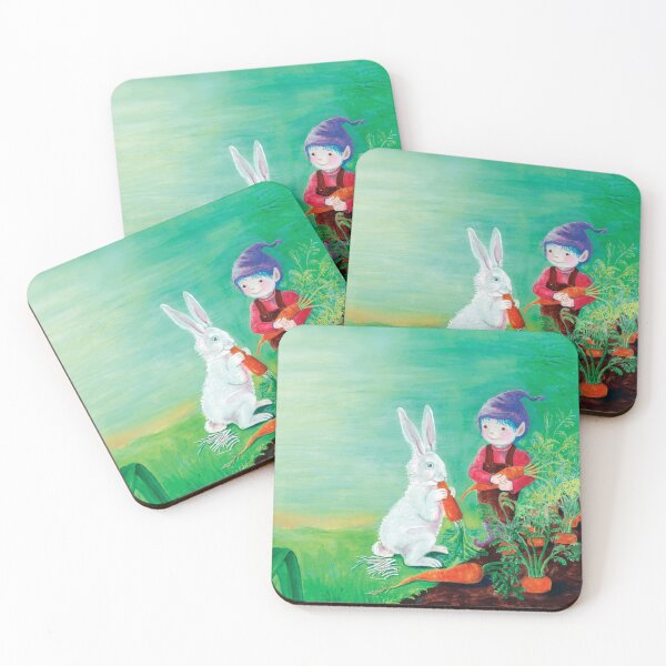 Item preview, White Rabbit Eating Carrot and a Gnome with Purple Hat Illustration designed and sold by Julia Doria.