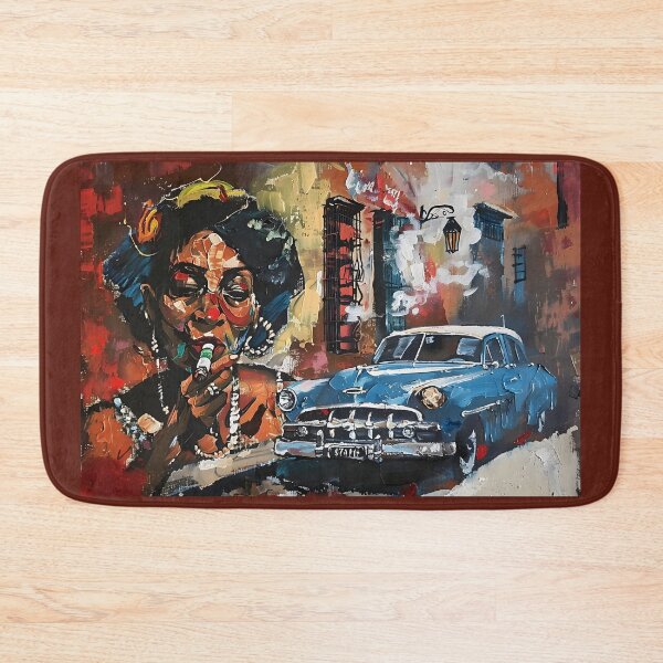 Item preview, Lively Havana Streets - Cuban Woman Savoring a Cigar and Classic Blue Car in Vibrant Scene designed and sold by OlfactoART Studio.