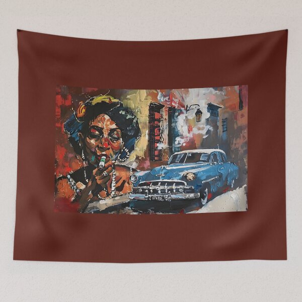 Item preview, Lively Havana Streets - Cuban Woman Savoring a Cigar and Classic Blue Car in Vibrant Scene designed and sold by OlfactoART Studio.