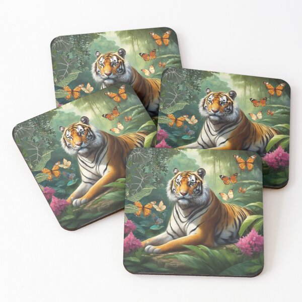 Item preview,  Tiger and butterfly, plants, flowers, nature, pagoda, China designed and sold by Sugar Wisdom .