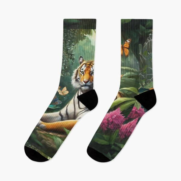 Item preview,  Tiger and butterfly, plants, flowers, nature, pagoda, China designed and sold by Sugar Wisdom .