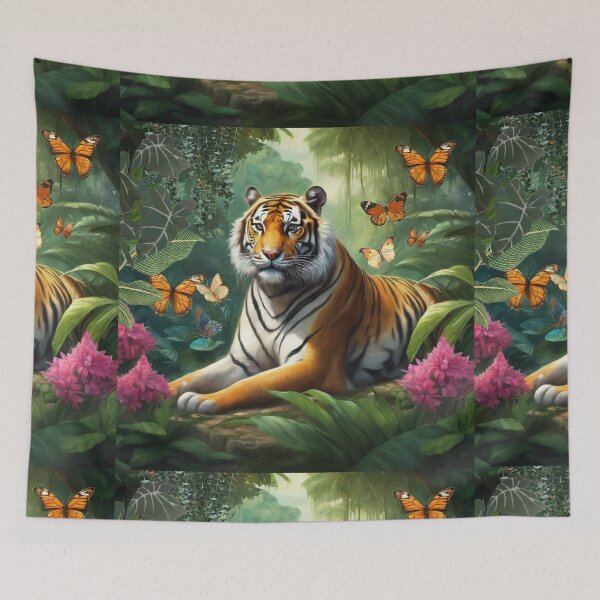 Item preview,  Tiger and butterfly, plants, flowers, nature, pagoda, China designed and sold by Sugar Wisdom .