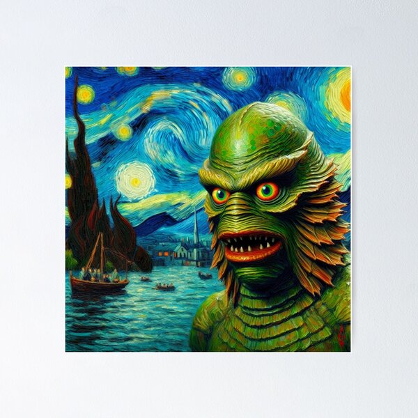 Item preview, the creature from the black lagoon monster in Van gogh style hammer horror  designed and sold by blackdoggdesign.