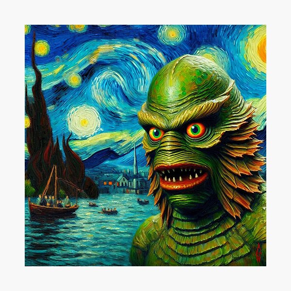 Item preview, the creature from the black lagoon monster in Van gogh style hammer horror  designed and sold by blackdoggdesign.
