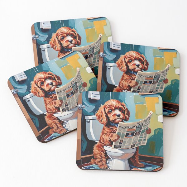 Item preview, Vintage Retro - Cute Adorable Red Cavapoo Sitting in the Toilet While Reading a Newspaper designed and sold by MyArt23.